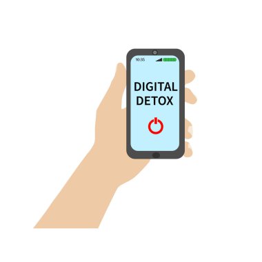 Dijital detoks. Bir erkeğin elinde bir akıllı telefon vardır. Üzerinde bir yazıt ve cihazların, cihazların, internetin, sosyal ağlarda iletişimin reddinin bir sembolü vardır. Düz vektör illüstrasyonu.