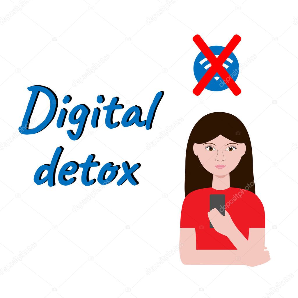 Digital detox. Woman with a phone in her hand. Flat Vector Illustration.