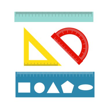 Ölçüm aletleri seti cetvel, üçgen, açıölçer. Vektör okulu araçları beyaz arkaplanda izole edildi. Ölçüm sistemi santimetre ve milimetre. Düz stil üzerine bir kurallar kümesi.