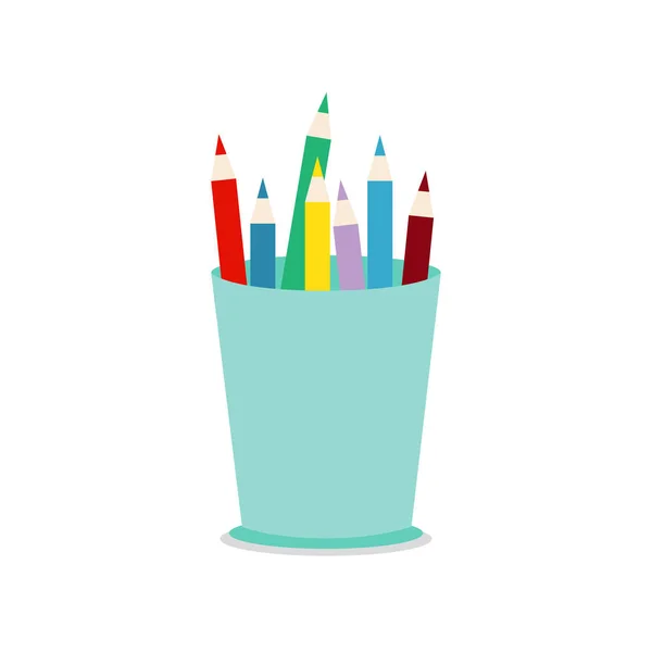 Ofis için bir bardakta renkli kalemler. Vektör illüstrasyonu beyaz arkaplanda izole edildi.