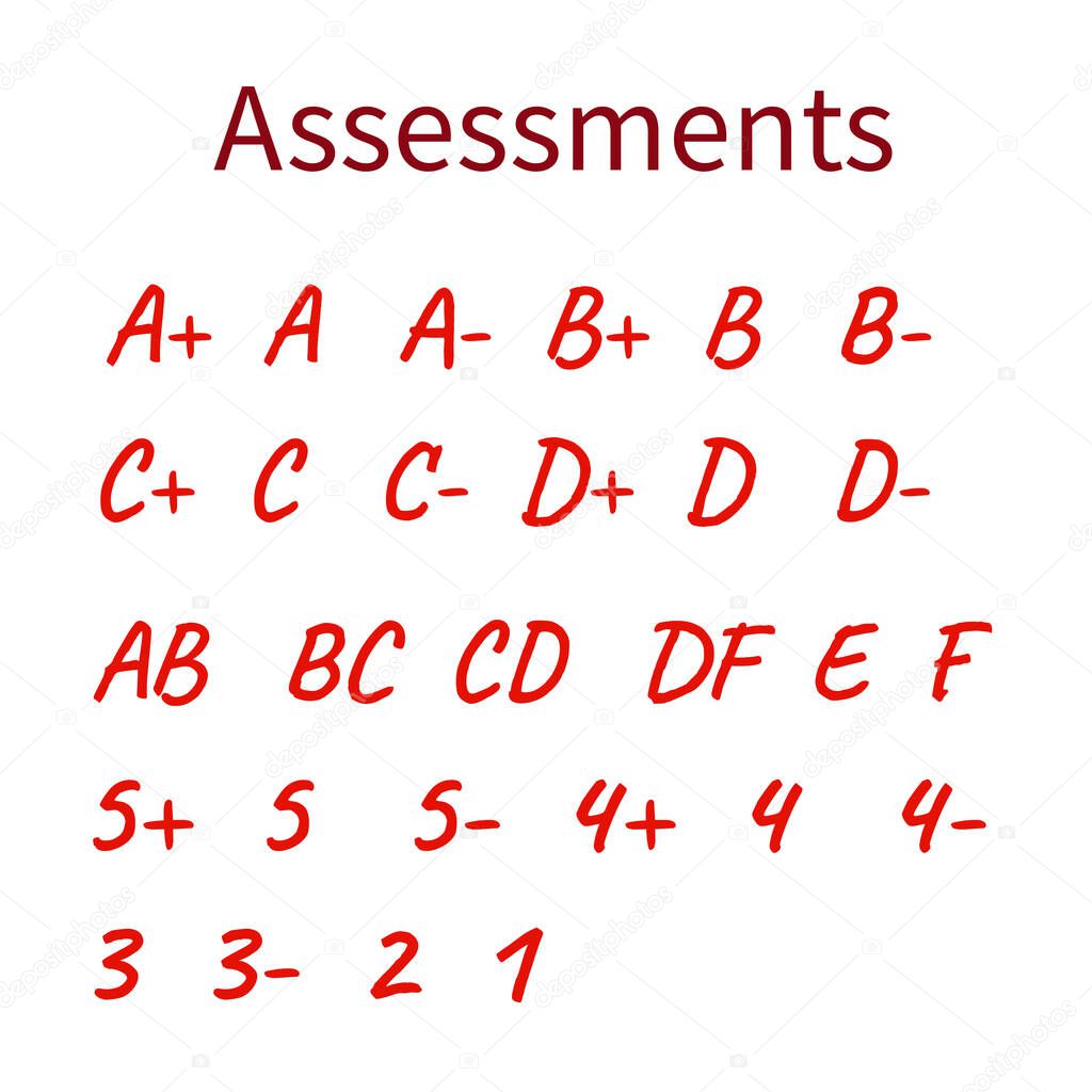 Vector illustration - assessments. School grades results in red on white background.