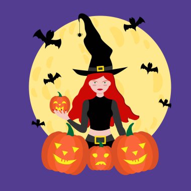 Mutlu Cadılar Bayramı. Cadılar Bayramı cadısı. Cadılar Bayramı 'ndaki kız balkabağı tutuyor. Yarasalar etrafta uçar. Retro vintage. Violet geçmişi. Düz vektör illüstrasyonu.