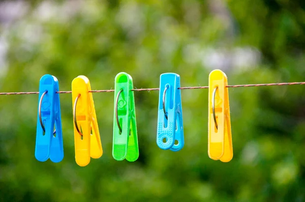 Plastic clothes pins, laundry hook, colorful summer decorations.