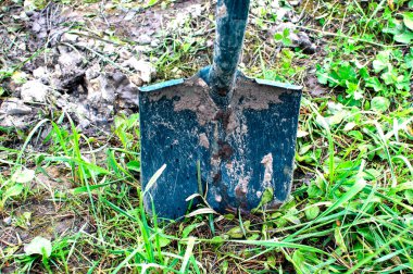 Bahçedeki kaya toprağına kazılmış kürek kafasının yakınına. Köy kavramı. Kapat..