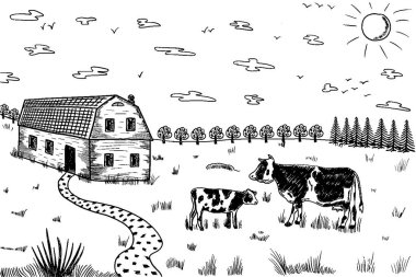 İnek Çizgisi Sanatı. Vektör görüntüsü. Köyde ineklerle ve evlerle dolu kırsal bir arazi.