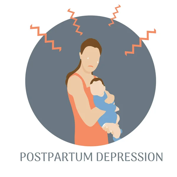 Sevimli bebeği olan depresif bir genç kadın. Doğum sonrası depresyonu. Doğum sonrası depresyon. Çizgi film vektör eli beyaz arkaplanda izole edilmiş 10 illüstrasyon çizdi