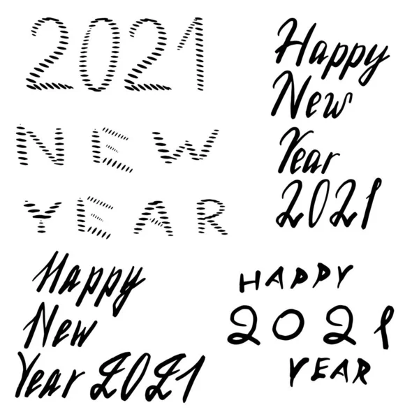 Happy New Year 2021 Lettering Freehand Drawn 2021 White Background — Stock Vector