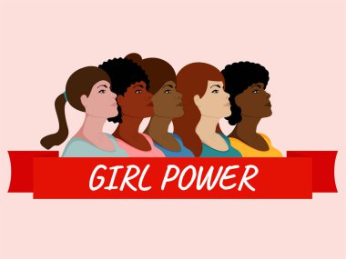 Kız gücü konsepti. Beş tane çok ırklı kadın bir arada duruyor. Haklar, bağımsızlık, eşitlik mücadelesi. Kadınların arkadaşlığı, feministlerin ya da kardeşliğin birlikteliği. Güçlendirme hareketi