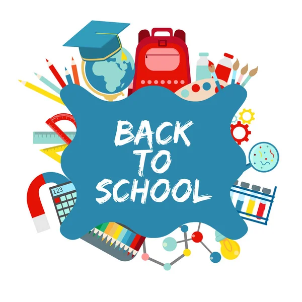 Okul malzemeleriyle, eğitim unsurlarıyla okul vektör pankartımıza dönüyoruz. Düz vektör illüstrasyonu