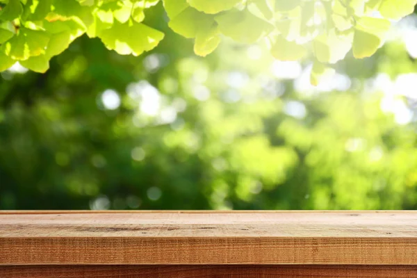 Fából Készült Asztal Blur Zöld Erdő Háttér — Stock Fotó