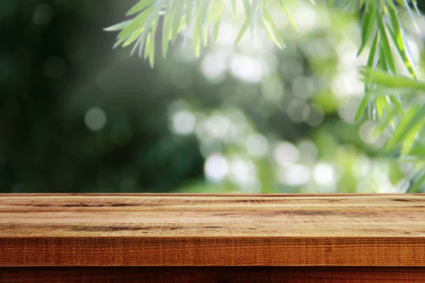 Wooden Table Blurred Green Nature Background — 스톡 사진