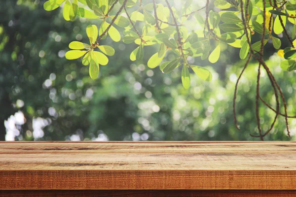 Tahta masa ve bulanık bahçe arka planı.