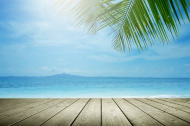 Palmiye ağacı ve boş ahşap ile Plaj arka plan.