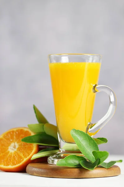 Glass Orange Juice Oranges Fruit Wooden Table — Stock Photo, Image