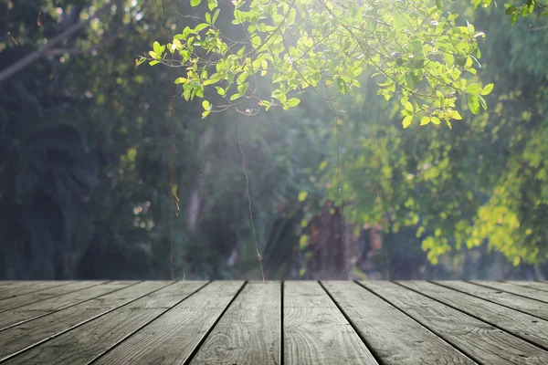 Tahta boş ve bulanık yeşil bahçe arka planı.