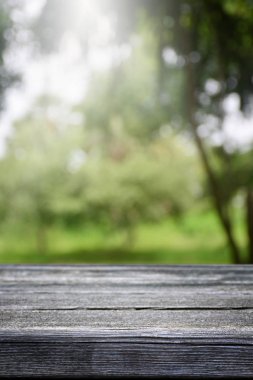 Ahşap masa ve bulanık yeşil yaprak arka planda.. 
