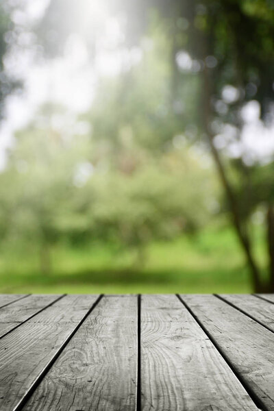 Wooden table and blurred green leaf nature in garden background. 