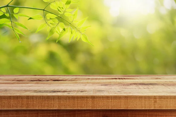 Mesa Madera Naturaleza Hoja Borrosa Fondo Del Jardín —  Fotos de Stock