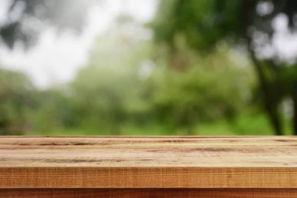 Prázdný Dřevěný Stůl Rozmazané Přírodní Zahrada Pozadí — Stock fotografie