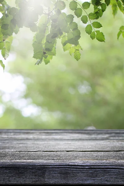 Tavolo Legno Sfocato Verde Foglia Natura Giardino Sfondo — Foto Stock