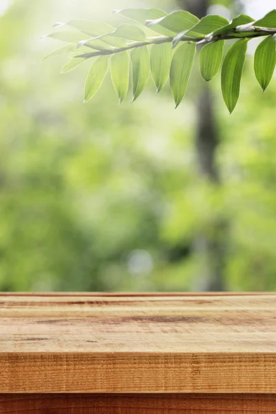 Деревянный Стол Зеленый Лист Природы Фоне Сада — стоковое фото