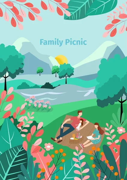 Illustration Eines Familienpicknicks Garten Glückliche Familie Garten Vektorhintergrund — Stockvektor