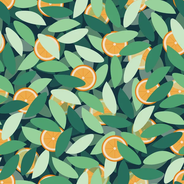 Nahtlos Wiederholtes Muster Aus Grünen Blättern Und Orangen — Stockvektor