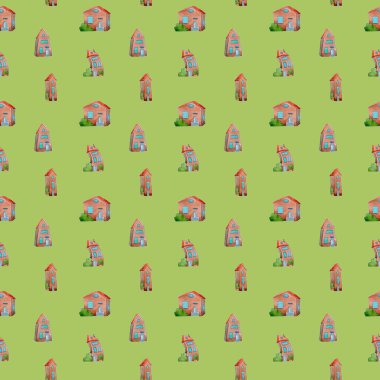 Tekstil, hatıra defteri ve kartlar için yeşildeki simesiz desenli evler