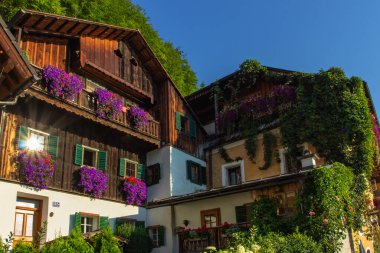 Hallstatt, Avusturya-Ağustos 10.2020. Tipik Avusturya mimarisi. Balkonlu ahşap evler ve tencerelerde renkli çiçekler. Şehir manzarası. Kırsal Alp kulübesinin mimari detayları. Emlak kavramı.