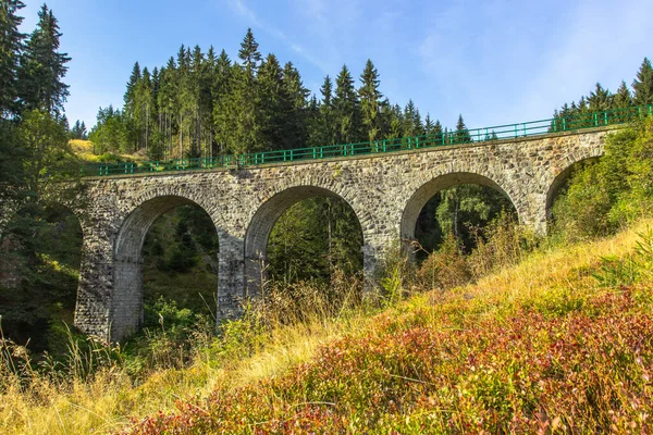 Vista del viaducto del ferrocarril de piedra en un pequeño pueblo de Pernink, República Checa. Vieja línea de ferrocarril checa. Puente arco Vintage. — Foto de Stock