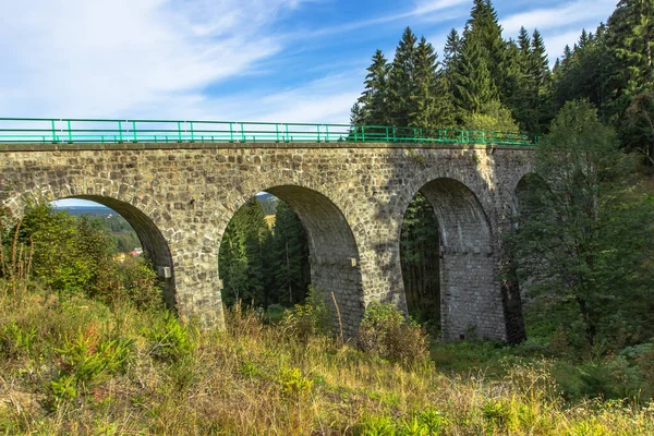 Vista del viaducto del ferrocarril de piedra en un pequeño pueblo de Pernink, República Checa. Vieja línea de ferrocarril checa. Puente arco Vintage. — Foto de Stock