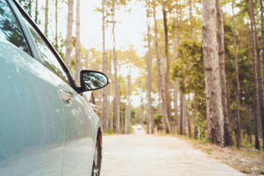 Çevrimiçi uygulama kira araba veya sigorta destek seyahat etkinliği modern kompakt otomobilden country road arka planına yeni normal