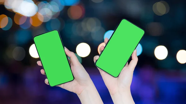 Deux Beauté Femme Main Tenir Téléphone Intelligent Avec Écran Vert — Photo