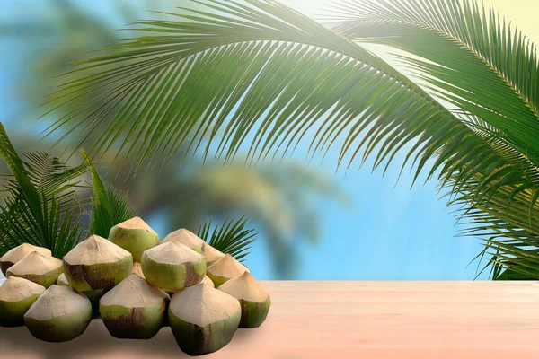 木桌台面的椰子 手感柔软 夏季背景 — 图库照片