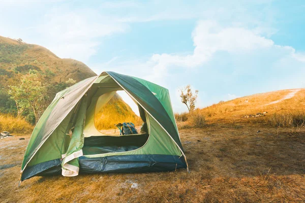 Wanderlust Relax Nature Camping Tent Backpack Top Mountain Spring Summer — Stock Photo, Image