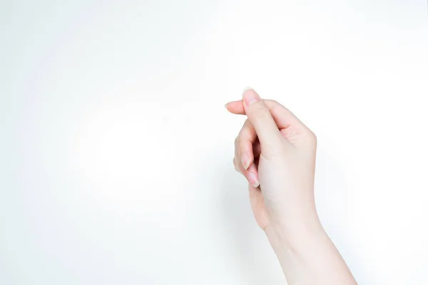 Kontaktlos Neuen Normalkonzept Von Weiblicher Hand Die Mit Weißem Isoliertem — Stockfoto