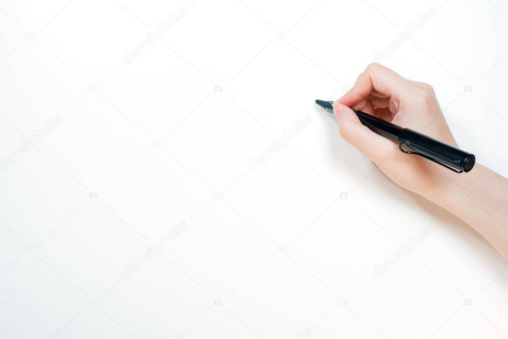 work and learn online in new normal concept from black pen in woman hand write to white isolated background