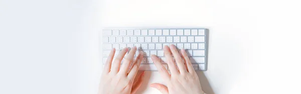 flat lay work and learn online in new normal concept from woman typing on wireless keyboard with white isolated background