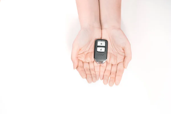 Neue Drahtlose Autoschlüssel Schönheit Frau Hand Mit Weißem Hintergrund — Stockfoto