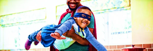 Son Father Pretending Superhero Kitchen Home — Stock Photo, Image