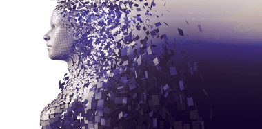 Yan görünüm dijital olarak gri pixelated 3d kadın oluşturulan