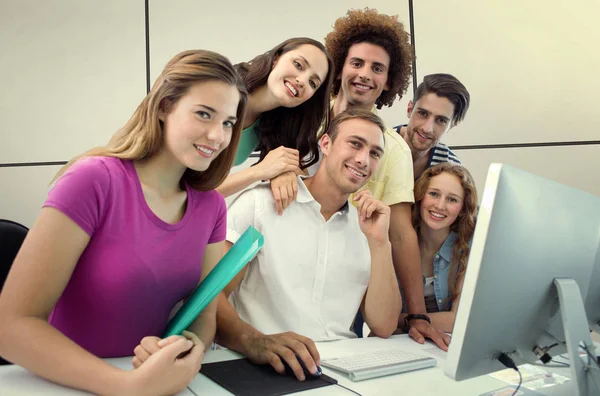 Smiling Students Computer Class White Tiling — Stock Photo, Image