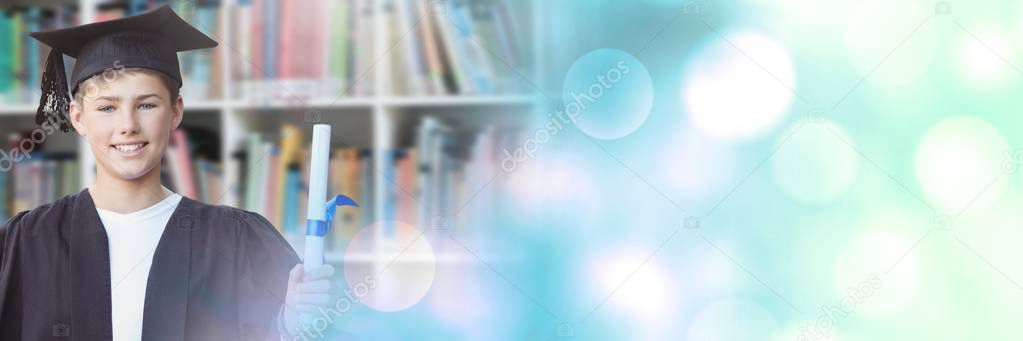 Digital composite of Student boy graduating in education library with transition