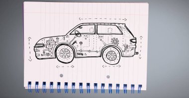 Eskiz araba mekanik el sketech tablası üzerinde çizim dijital bileşik