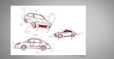 Arabalar el çizimi taslağını dijital bileşik
