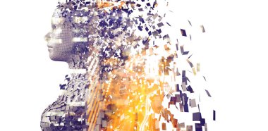 Yan görünüm dijital olarak gri pixelated 3d kadın oluşturulan