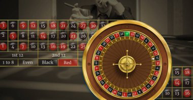 Casino arka plan önünde rulet tekerlek ve tablo sayıların dijital bileşik