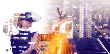 Kadının gri pixelated 3d kadın yan görünüm karşı bir artar gerçeklik simülatörü ile dijital bileşik