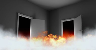Oda kaçış kapıları ile yanan ateşten dijital bileşik