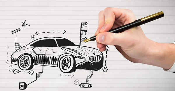 Ψηφιακός Σύνθετος Σκίτσο Του Αυτοκινήτου Και Χέρι Σχεδίασης — Φωτογραφία Αρχείου